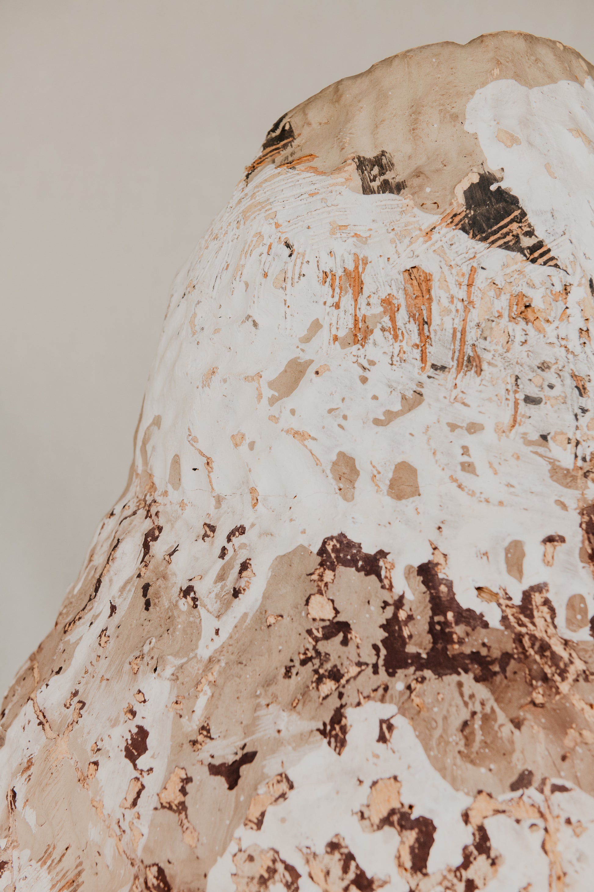 Close-up of a textured surface with white, brown, and black patterns on a neutral background