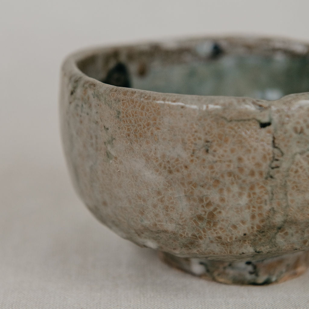 Ceramic bowl with speckled glaze on a neutral background