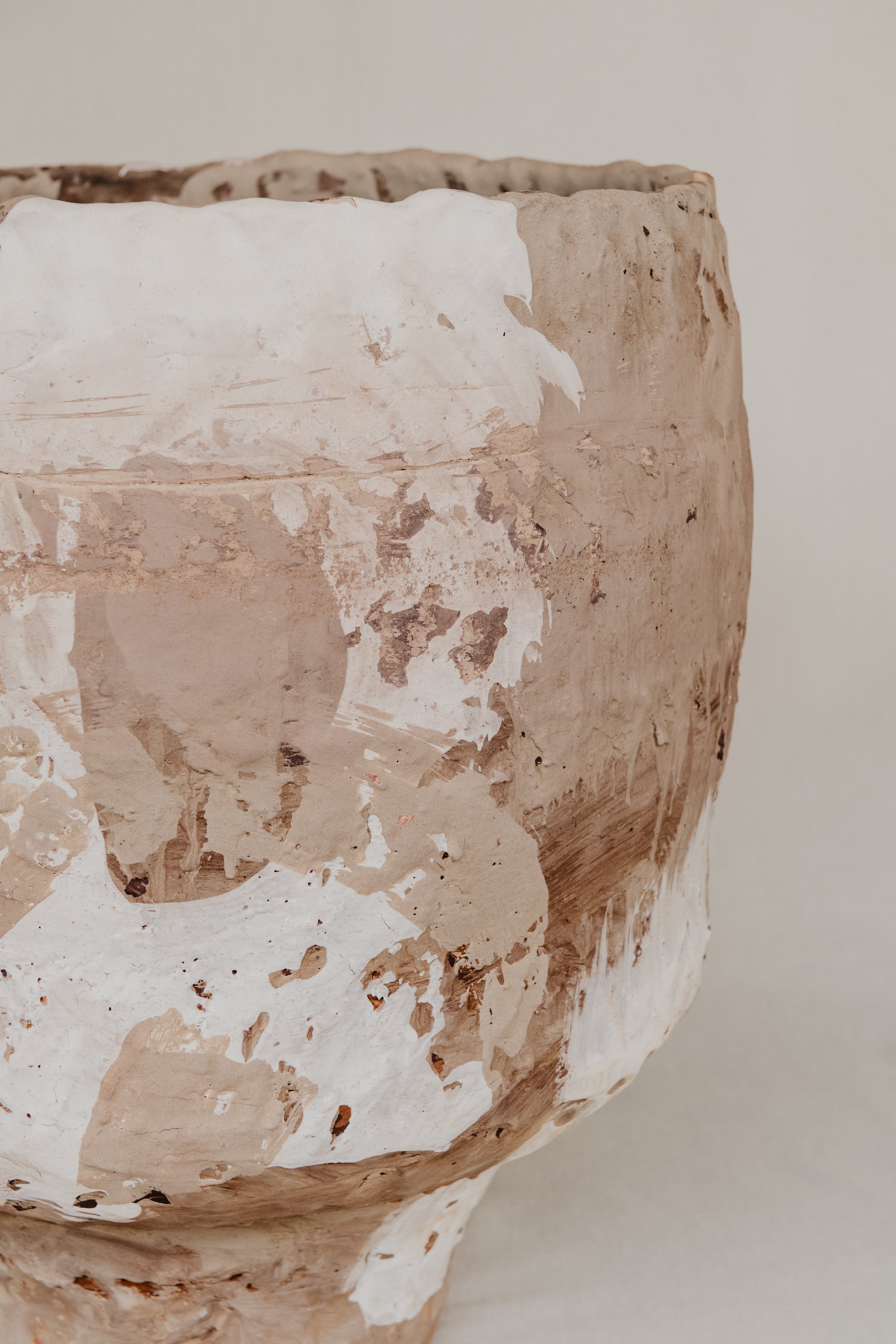 Close-up of a textured ceramic pot on a neutral background