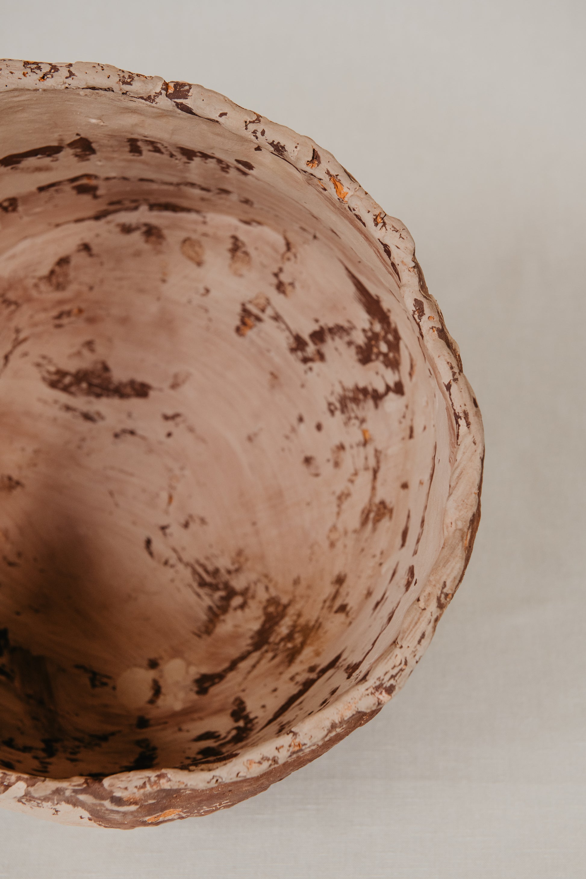 Close-up of a terracotta pot with a rustic texture on a neutral background